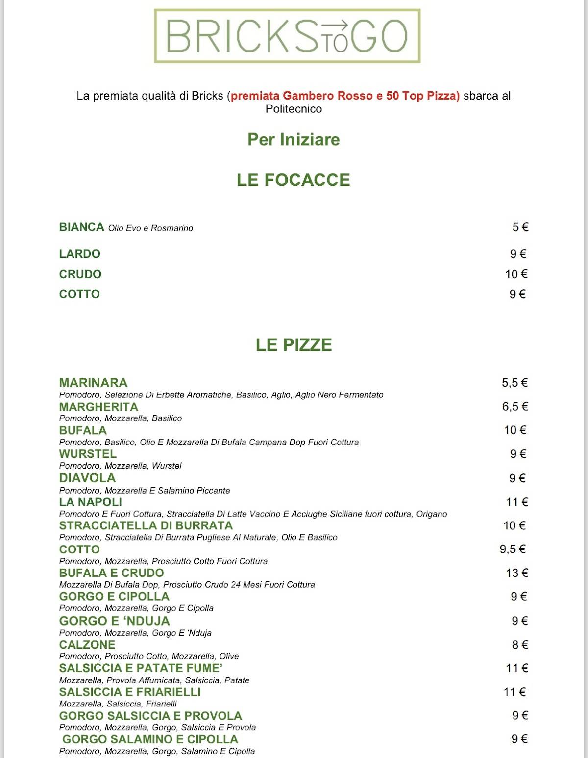Menu di Bricks Pizza Lievitati Dolci e Salati 