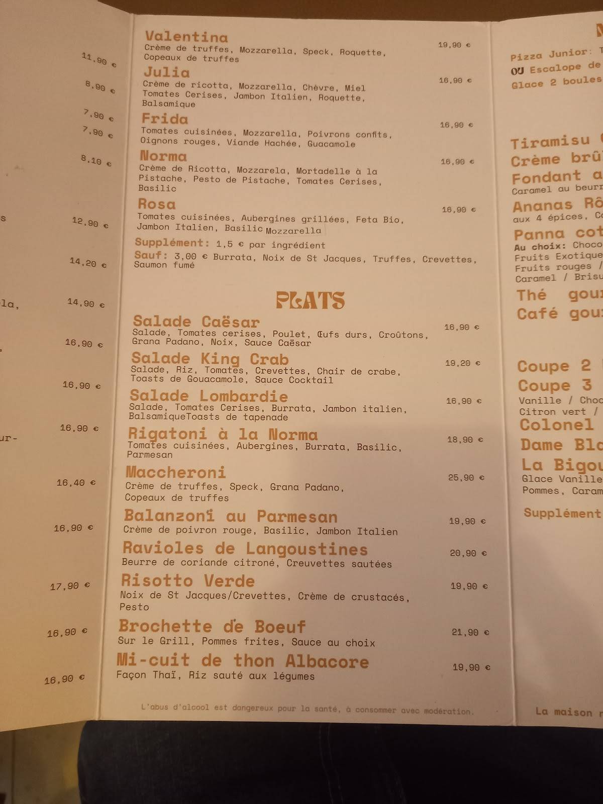 Menu de Le Parm