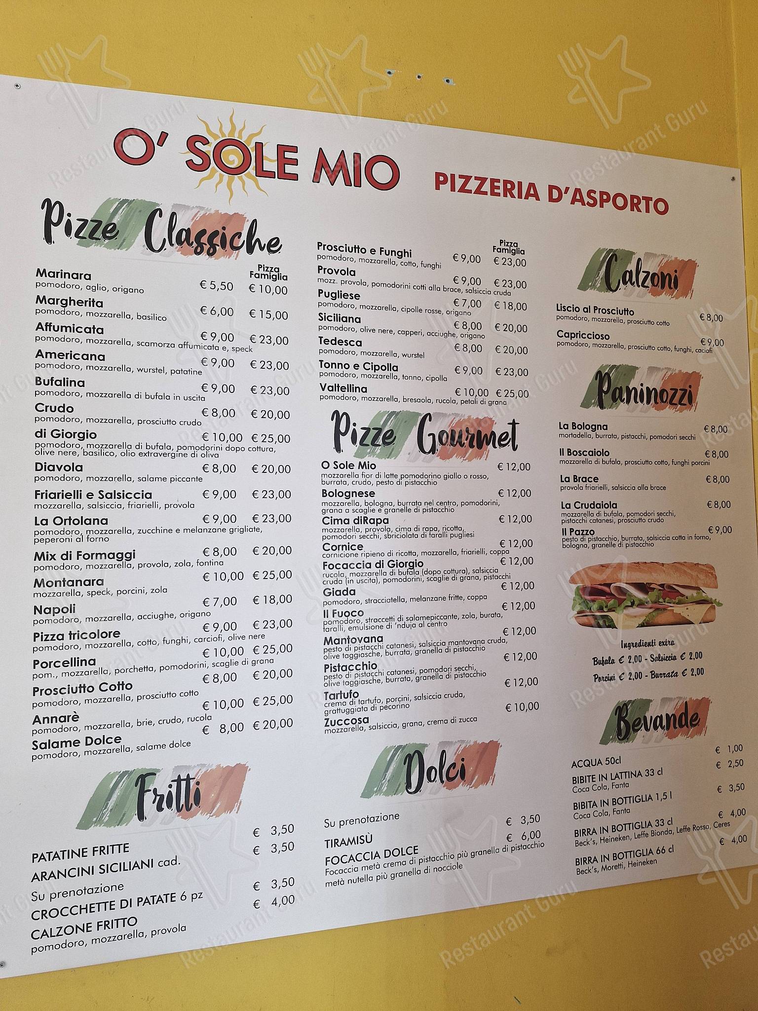 Menu di Pizzeria O' Sole Mio - pasti e bevande