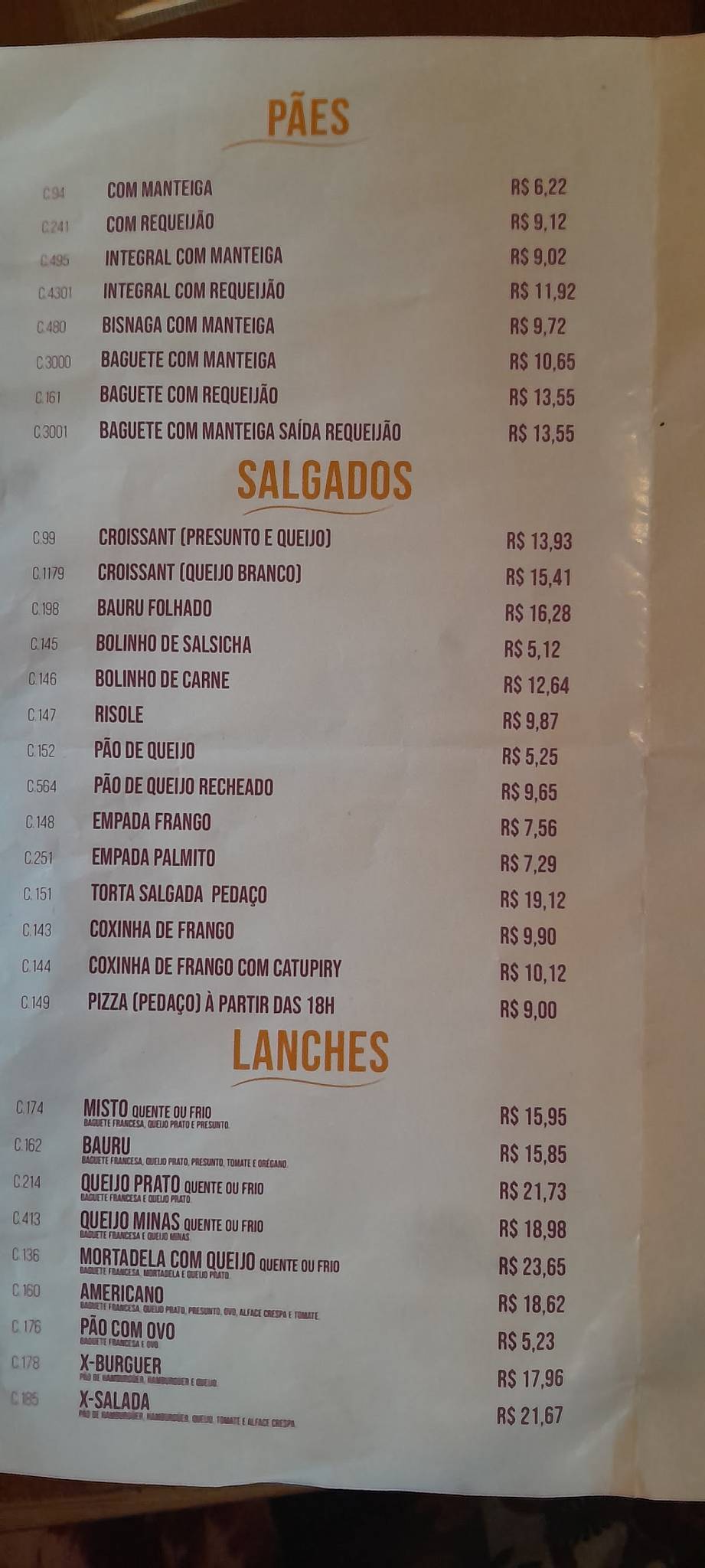 Padaria Belas Artes Embu cardápio