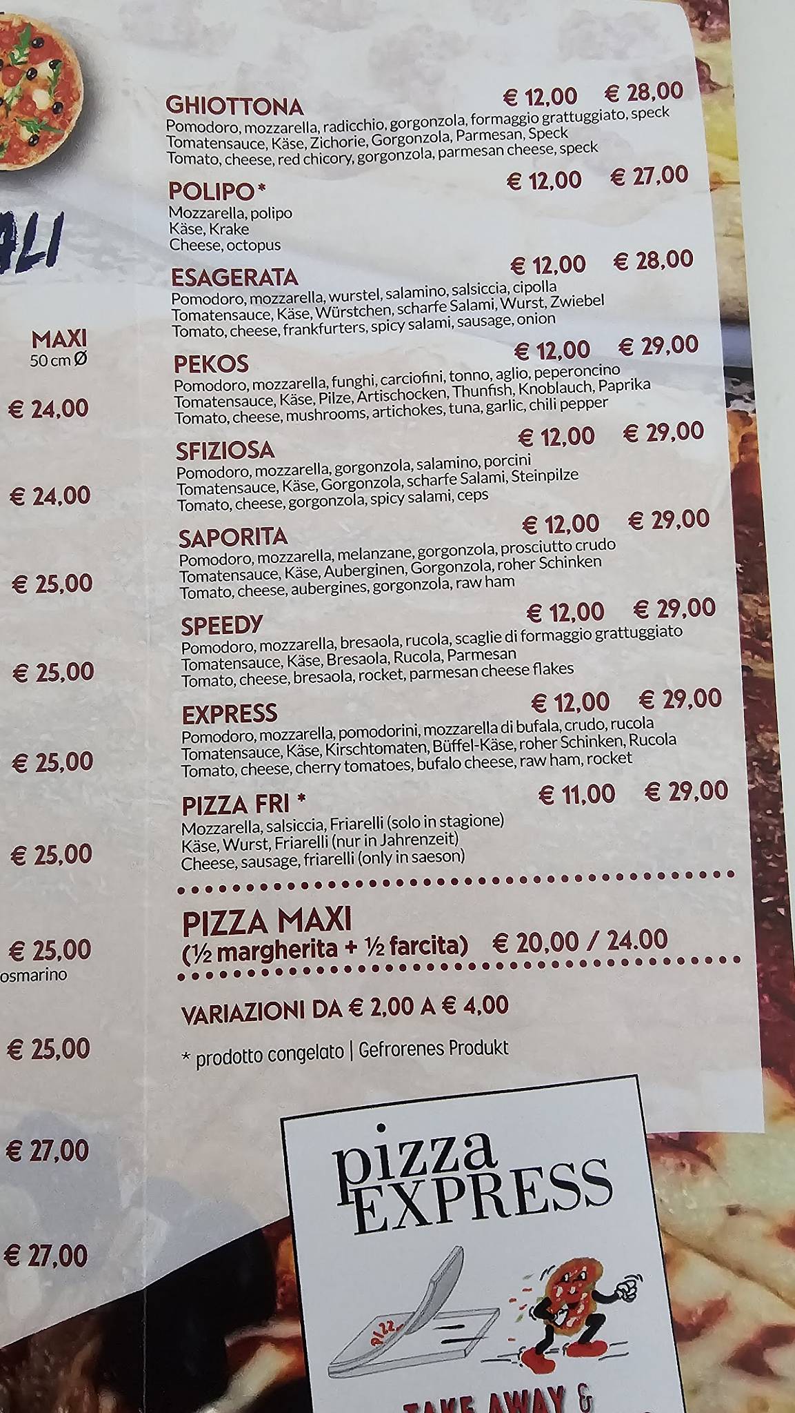 Menu di Pizza Express 