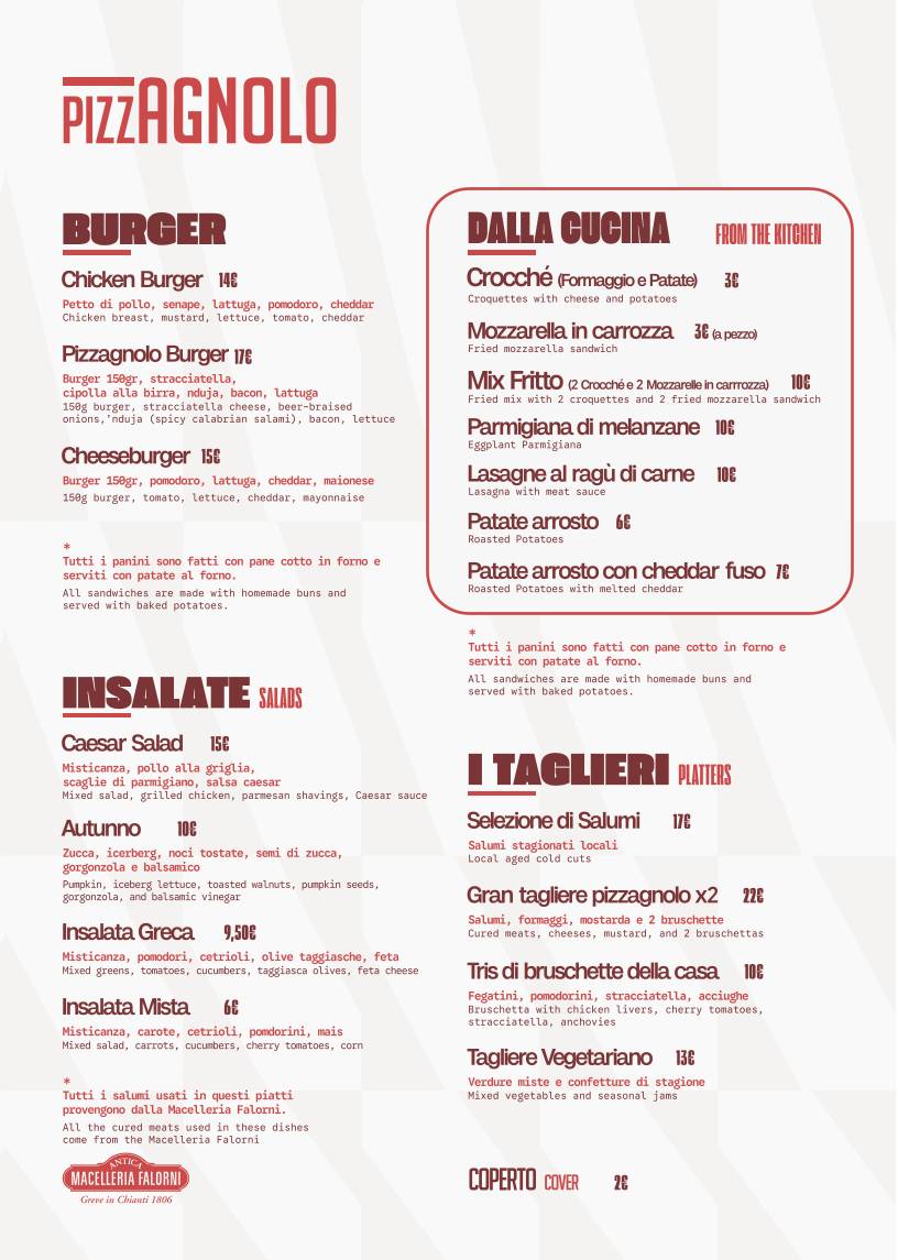 Menu di Pizzagnolo 