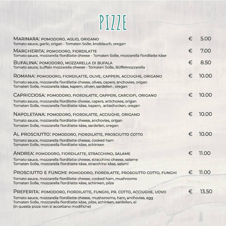 Menu di Pizzeria Avana 
