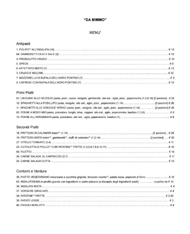 Menu di Pizzeria Ristorante Da Mimmo 