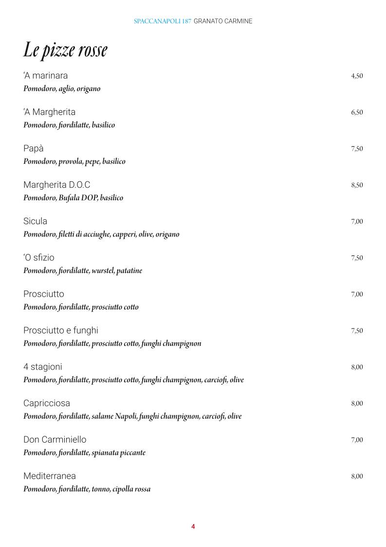 Menu di Pizzeria Ristorante Spaccanapoli 187 Granato Carmine 