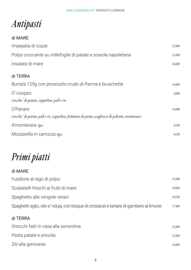 Menu di Pizzeria Ristorante Spaccanapoli 187 Granato Carmine 