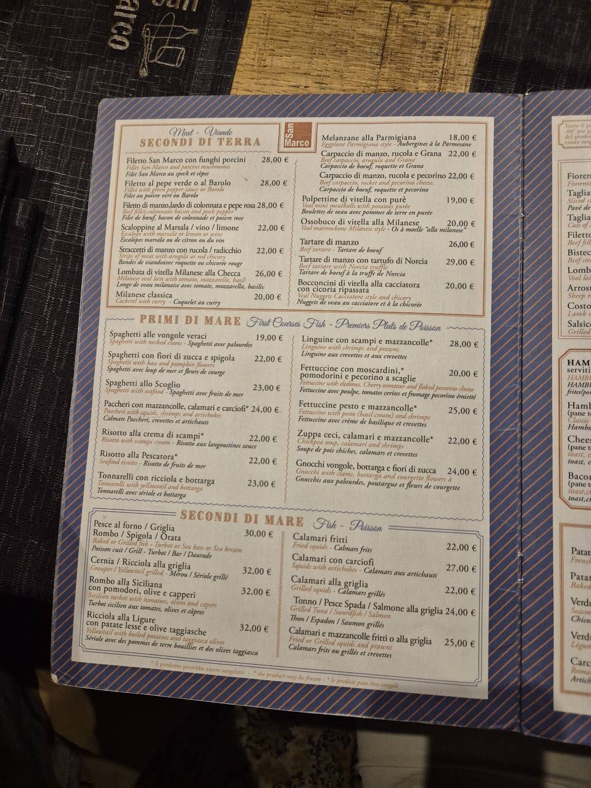 Menu di Pizzeria San Marco - Ristorante Via Tacito 
