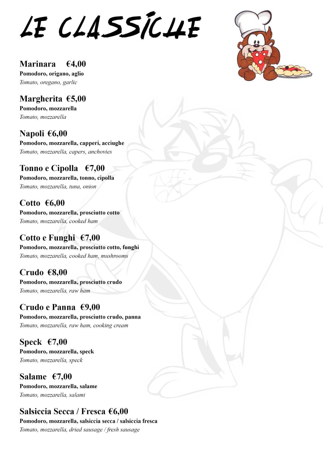 Menu di Pizzeria Taz 