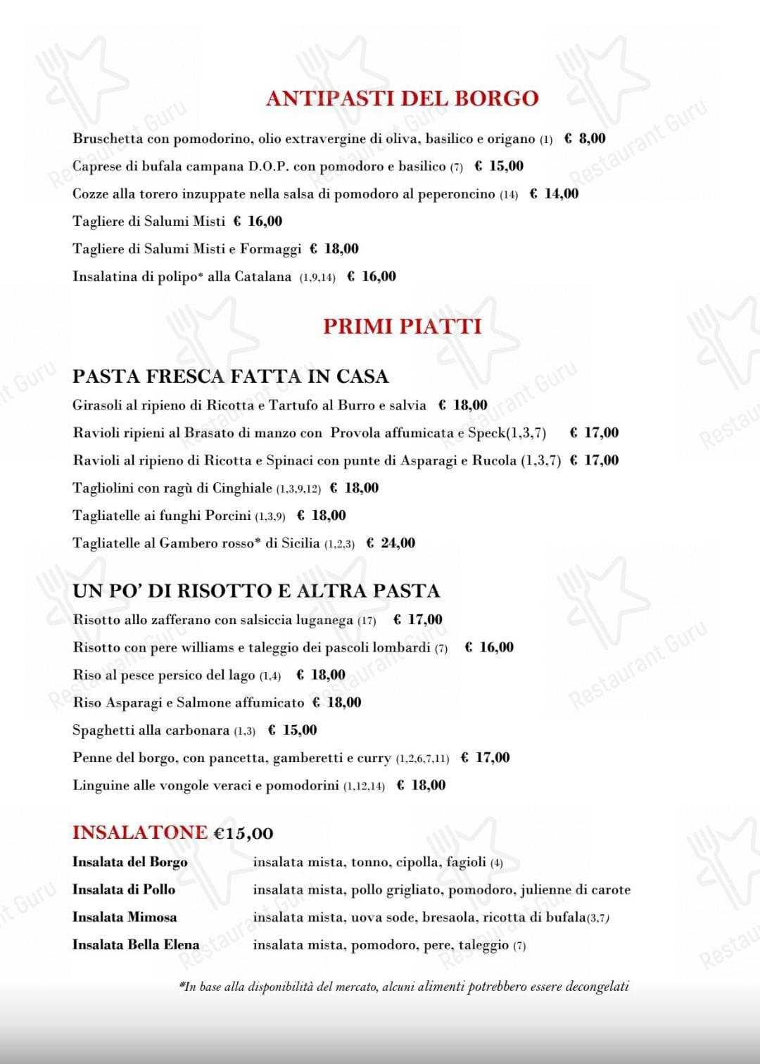 Menu di Trattoria Pizzeria Ristorante in Borgovico