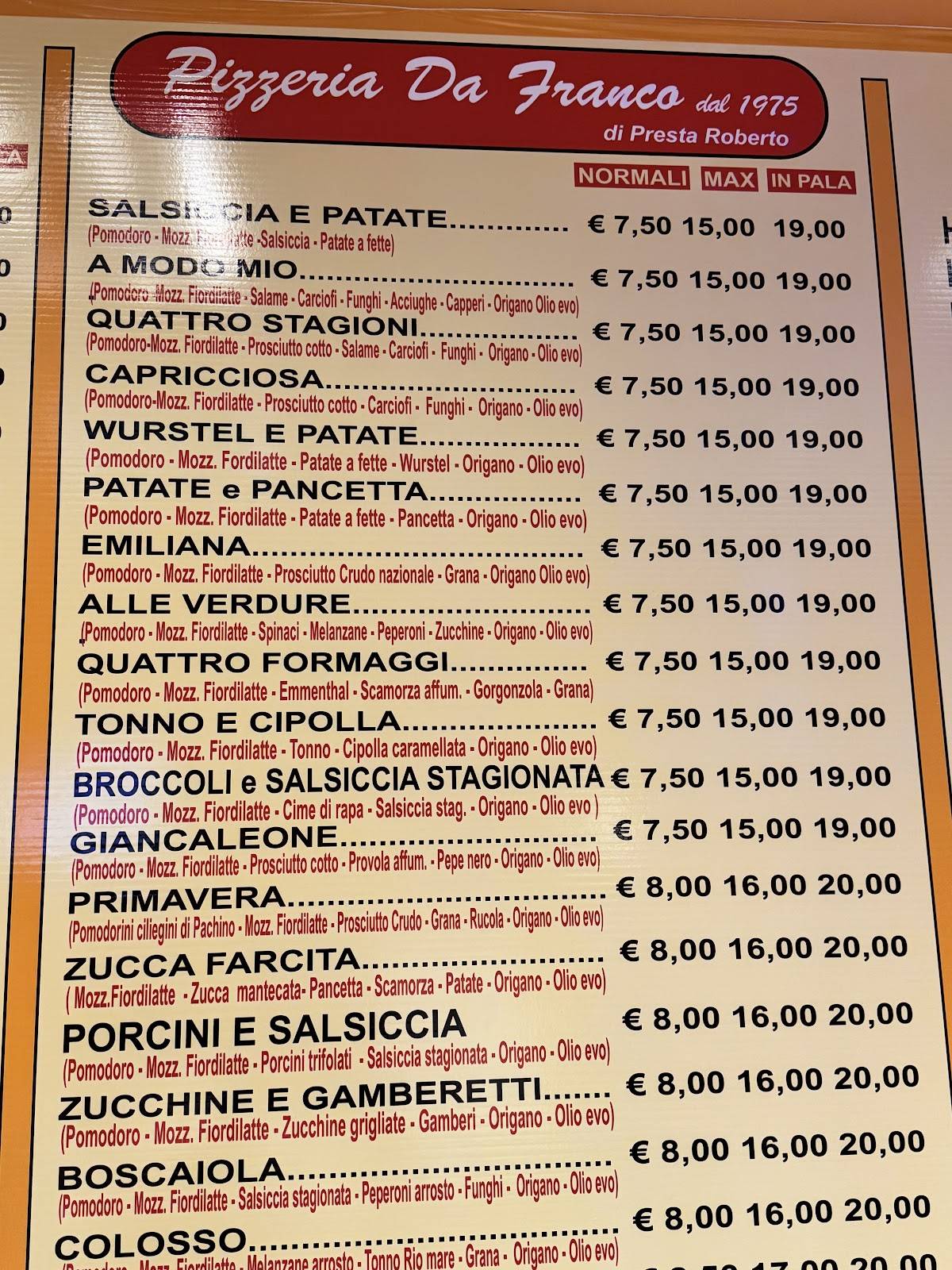 Menu di Pizzeria da Franco dal 1975 