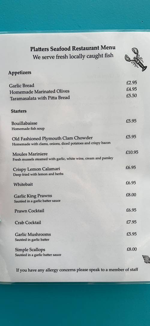 Menu at Platters restaurant, Plymouth, 12 The Barbican
