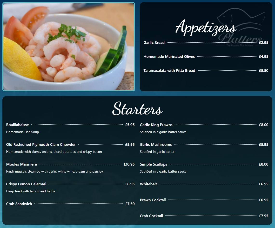 Menu at Platters restaurant, Plymouth, 12 The Barbican