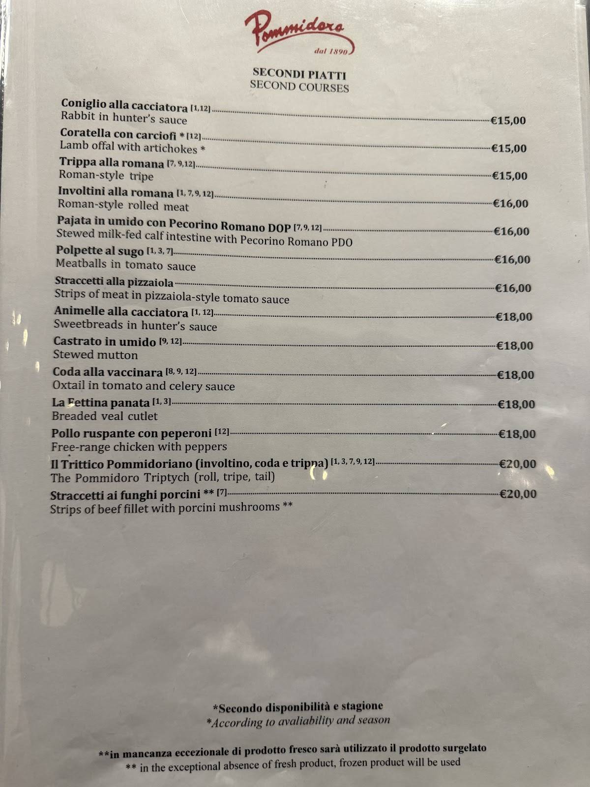 Menu di Pommidoro dal 1890 Ristorante 