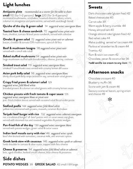Menu at Postcard Café at StarkCondé Wines cafe, Stellenbosch
