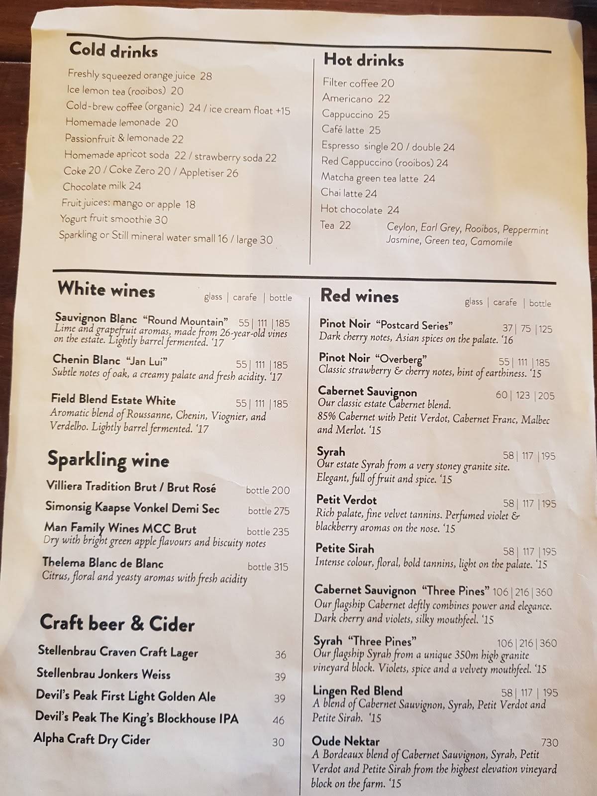 Menu at Postcard Café at StarkCondé Wines cafe, Stellenbosch