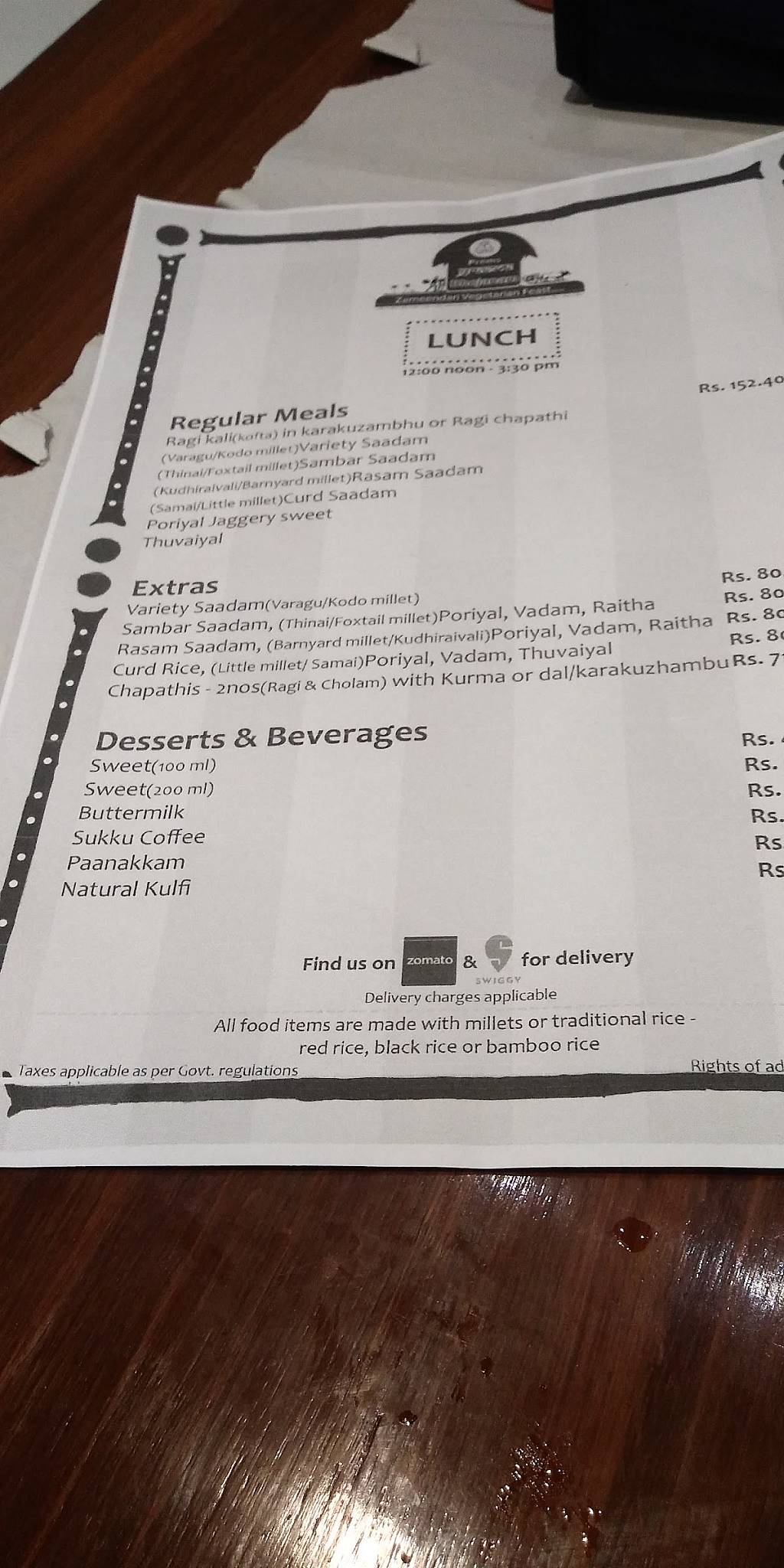 Menu at Prems Graama Bhojanam, Chennai, 112-113 AL Block