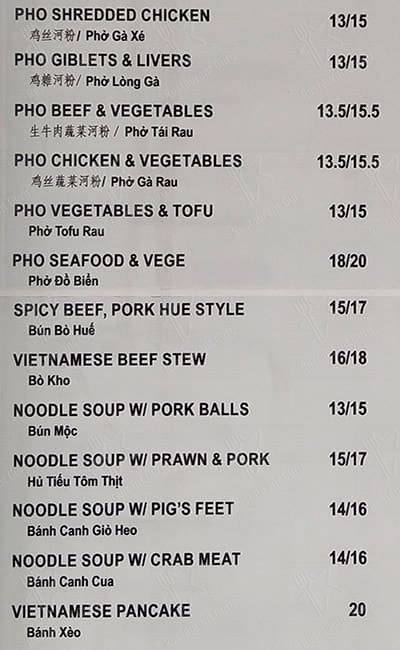 Pho Tau Bay menu