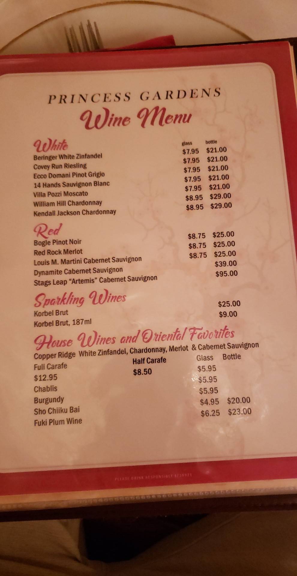 Menu at Princess Garden restaurant, Kansas City