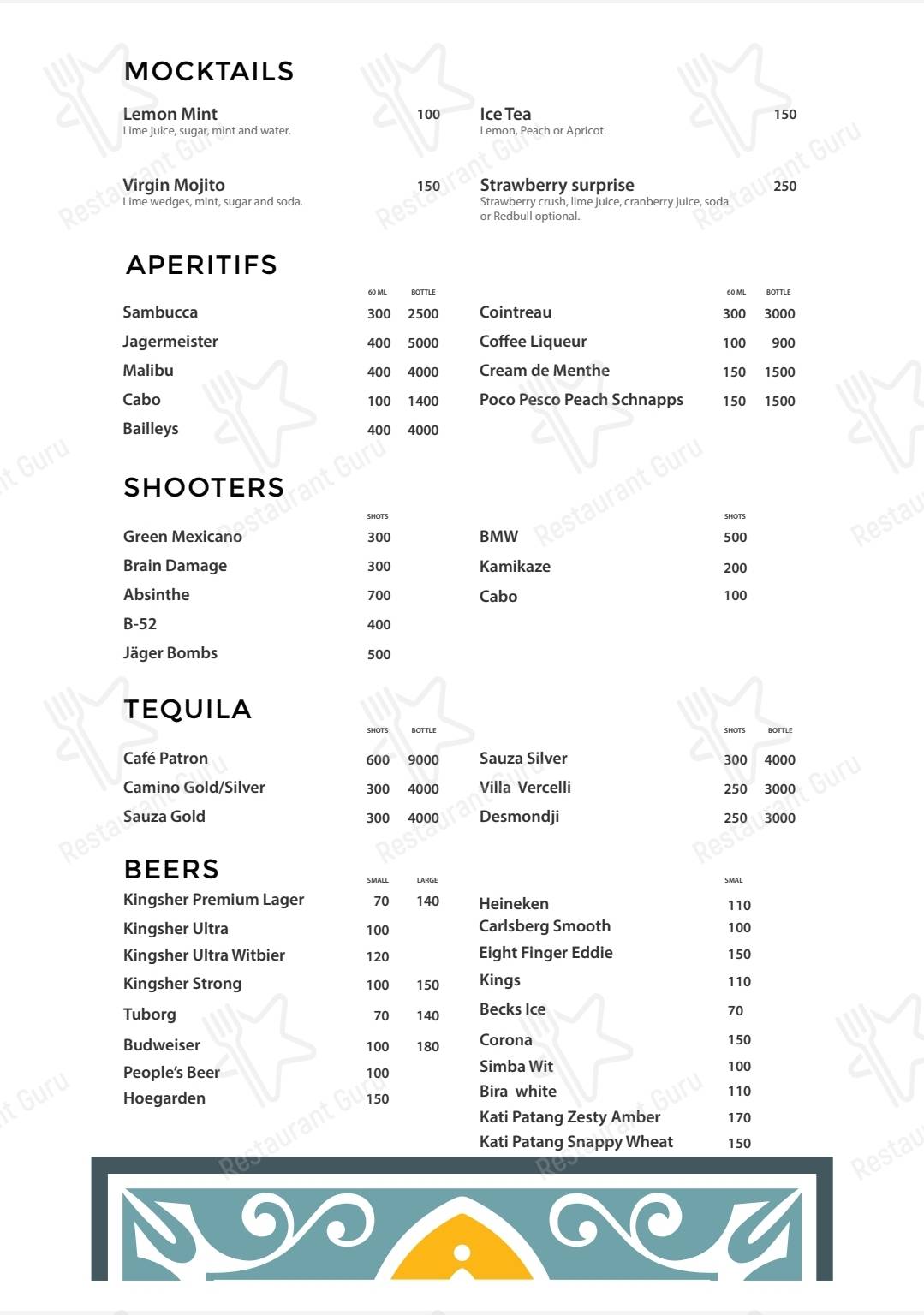 Menu for the Bar De Goa pub & bar