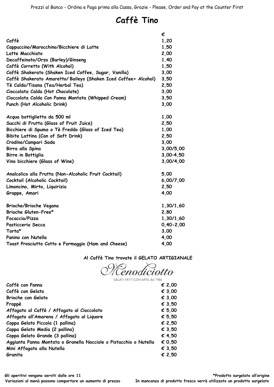 Menu di Caffè Tino 