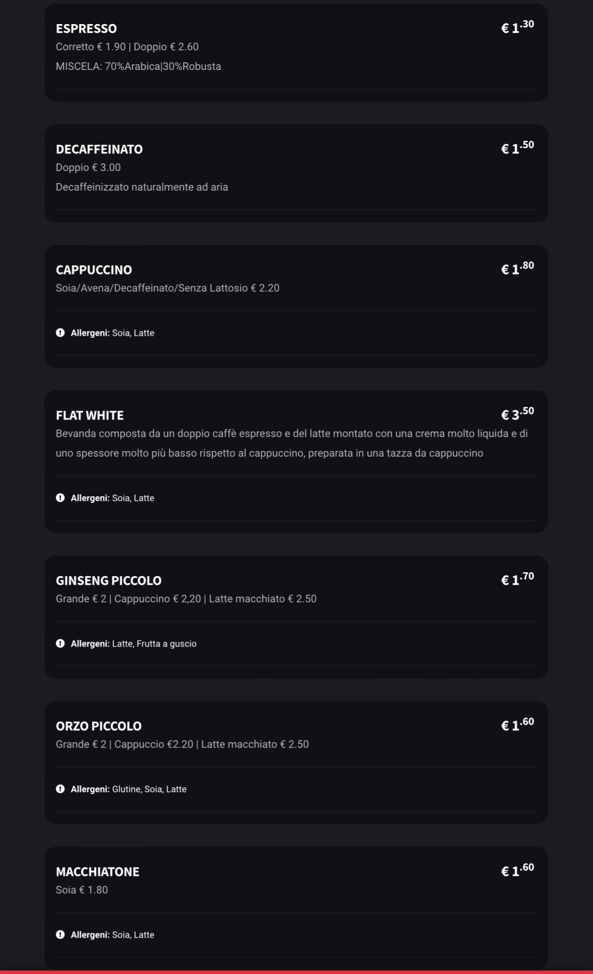 Menu di Caffetteria Rocca 