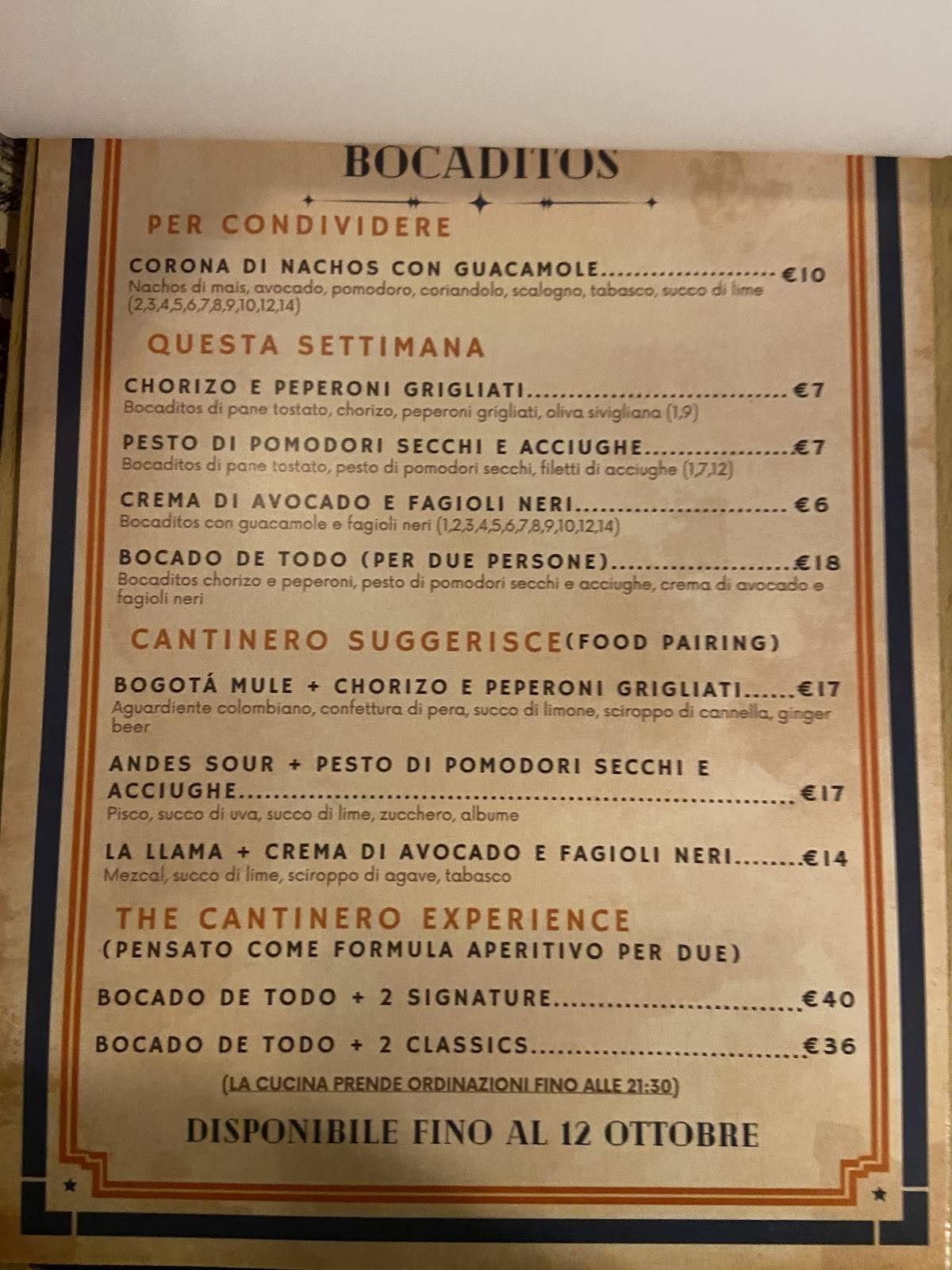 Menu di Cantinero 