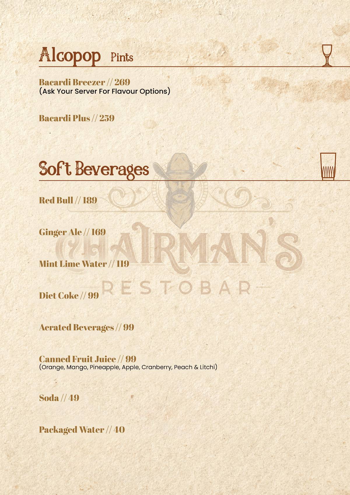 Chairman's Restobar menu