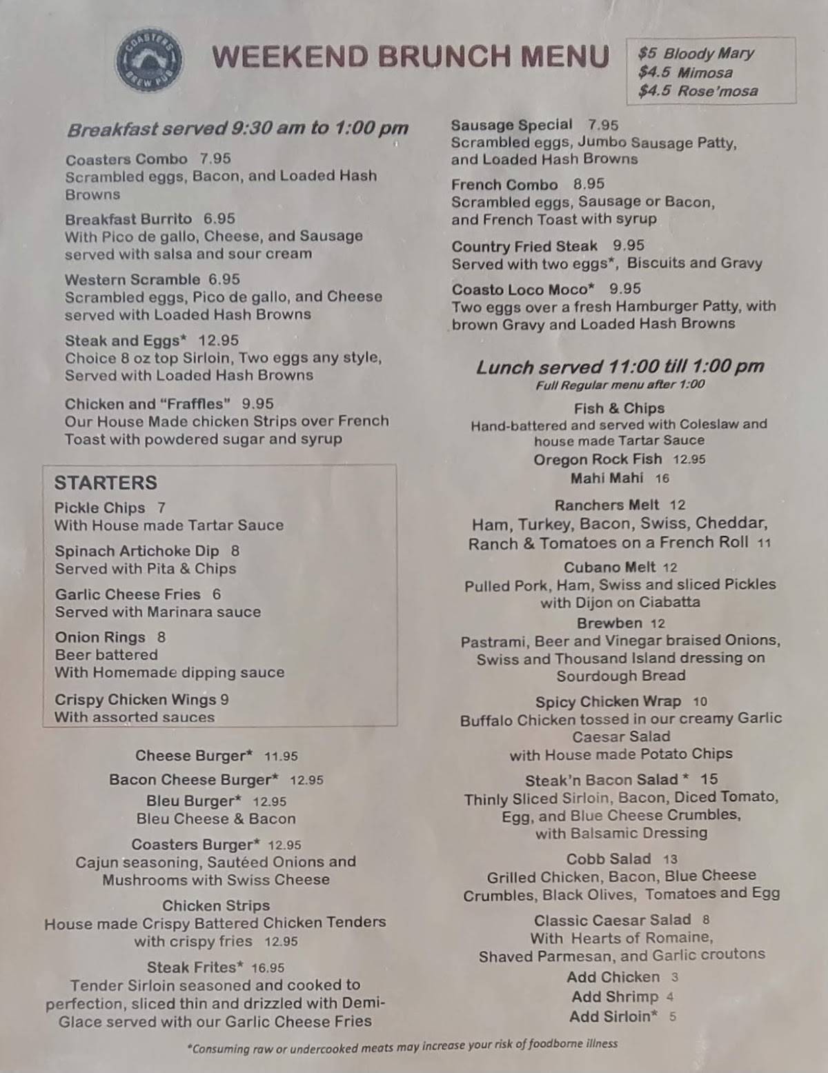 Menu at Coasters Crossing pub & bar, Oregon City