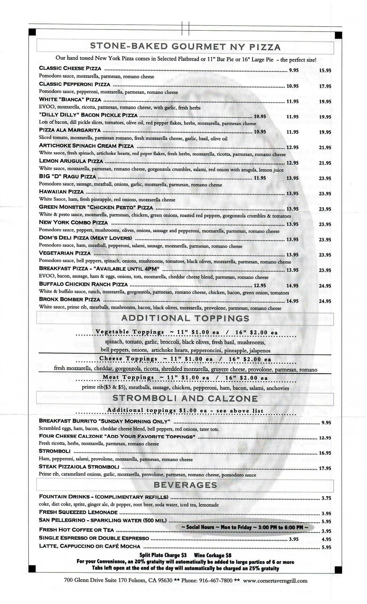 Menu at Corner Tavern & Grill pub & bar, Folsom, 700 Glenn Dr