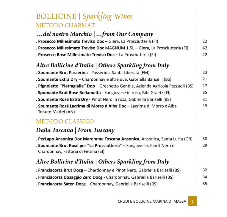 Menu di Crudi e Bollicine Marina di Massa 