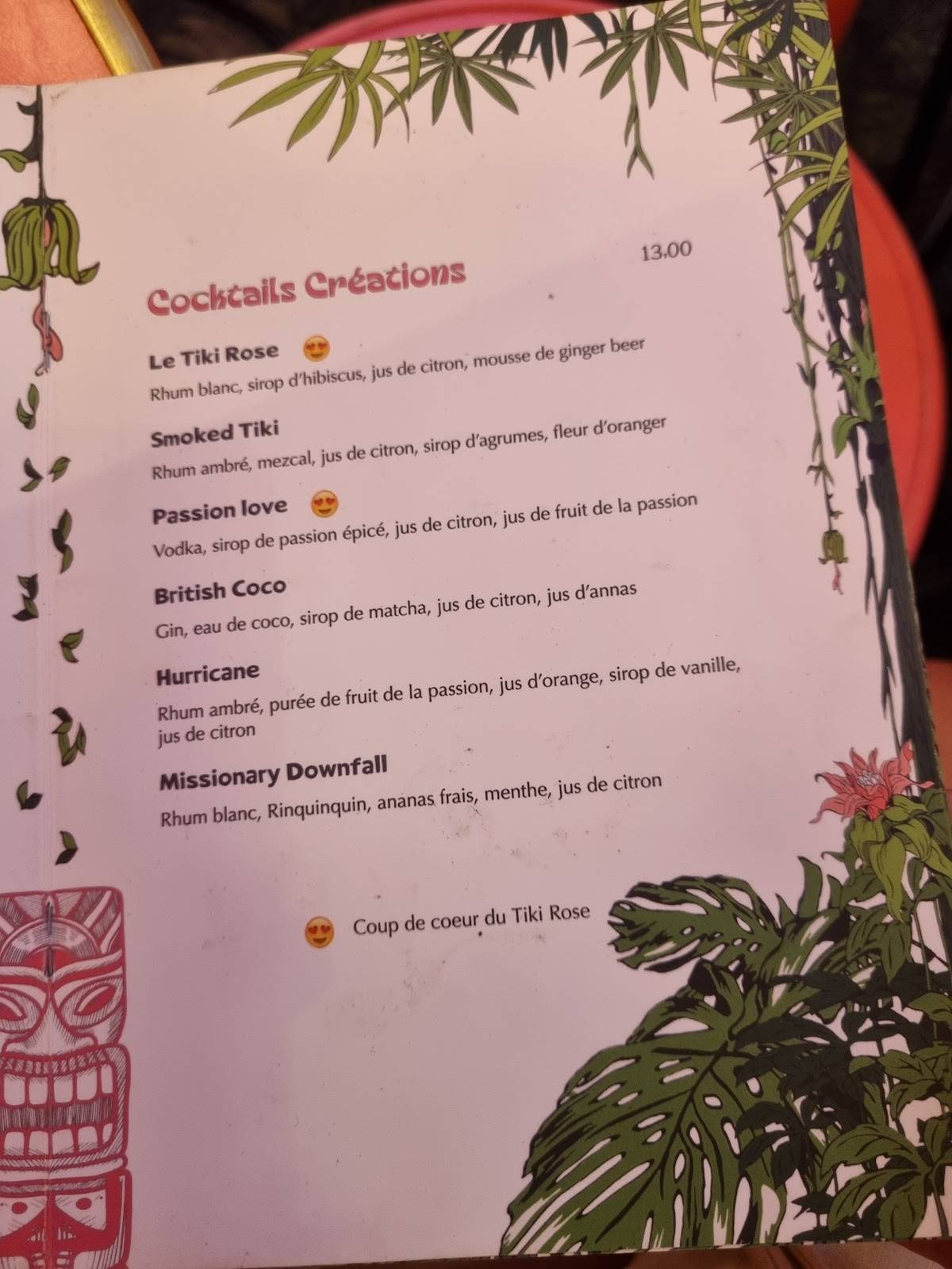 Menu au Le Tiki Rose restaurant, Paris