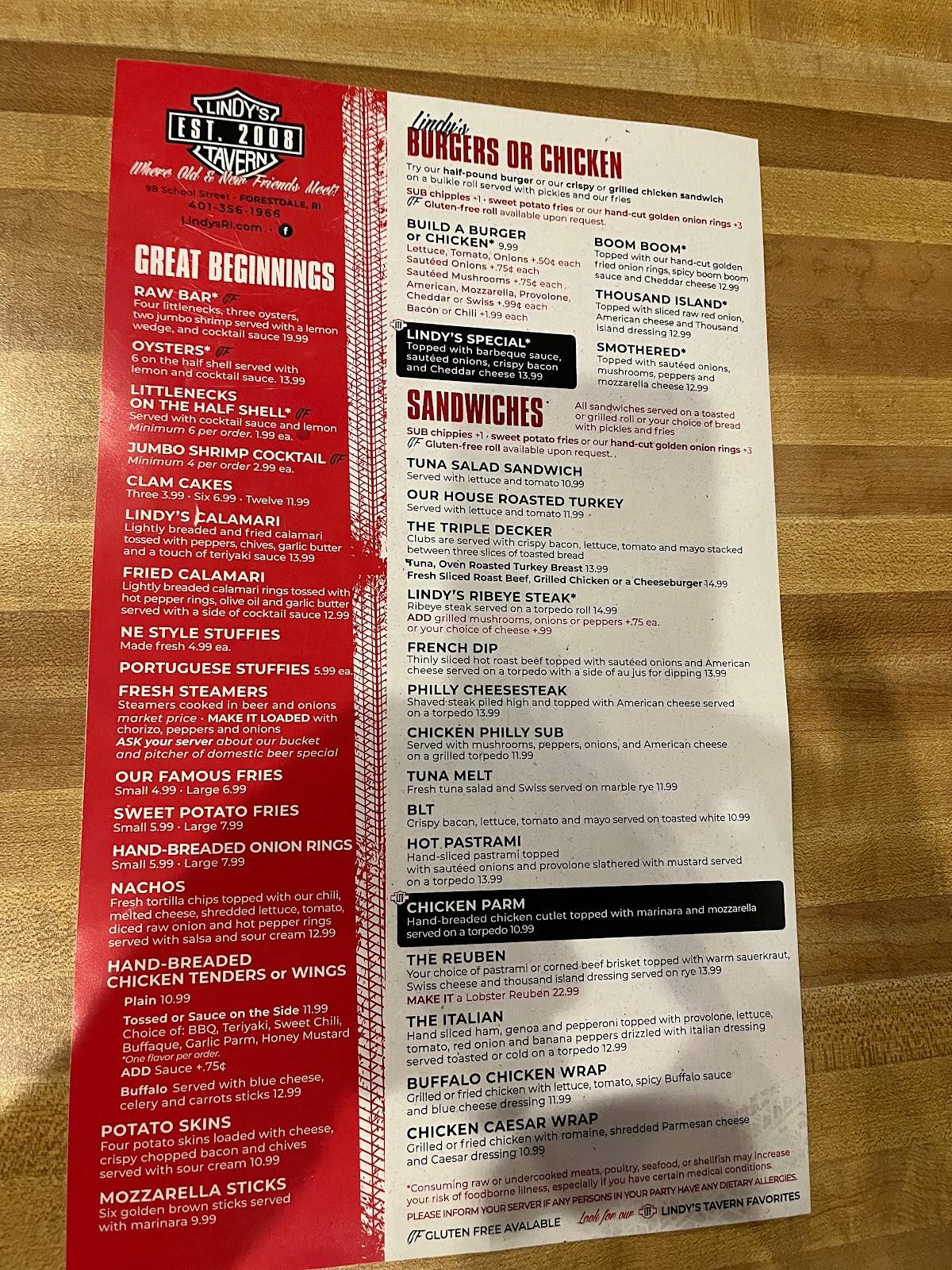 Menu at Lindy's Tavern pub & bar, North Smithfield