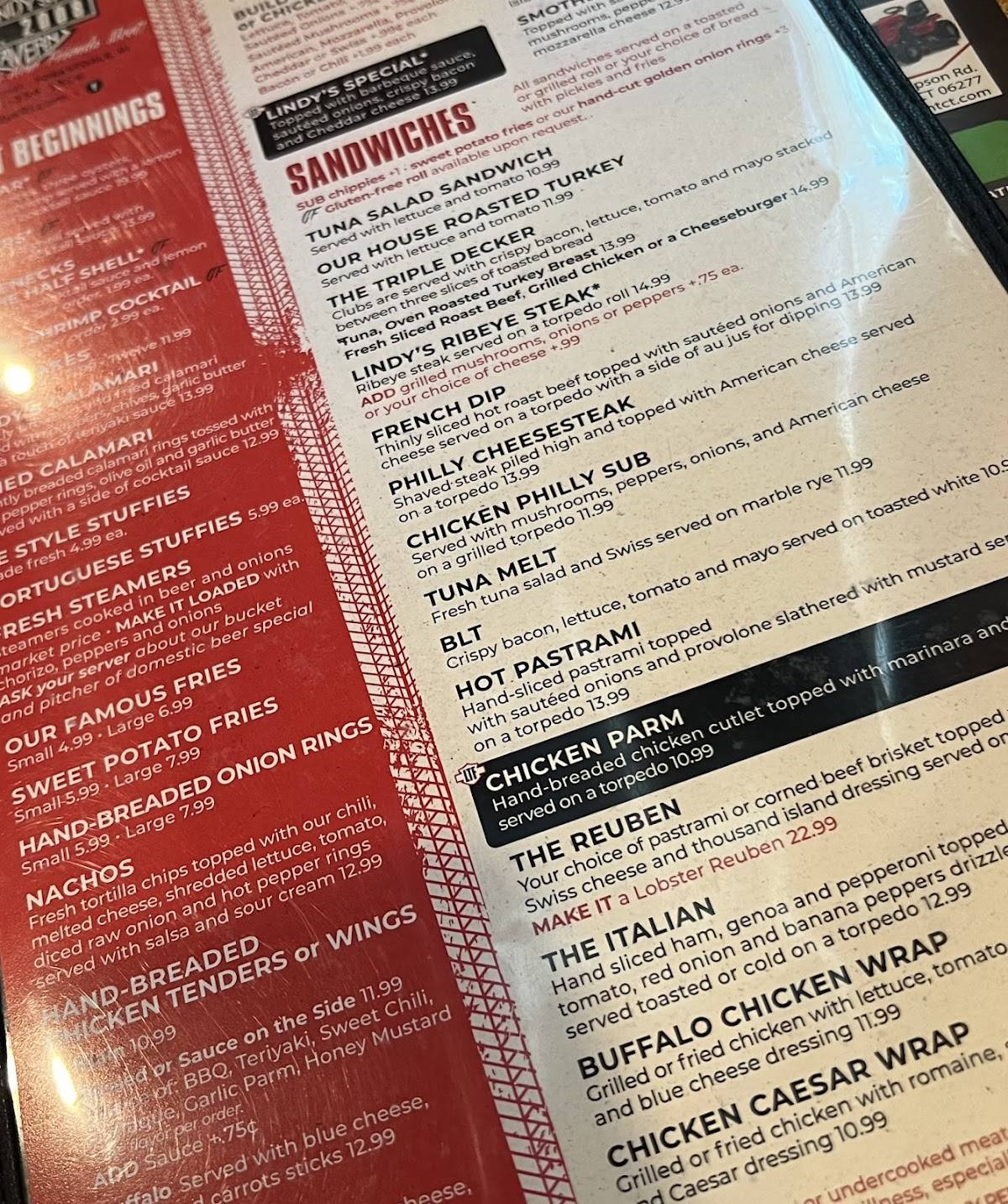 Menu at Lindy's Tavern pub & bar, North Smithfield