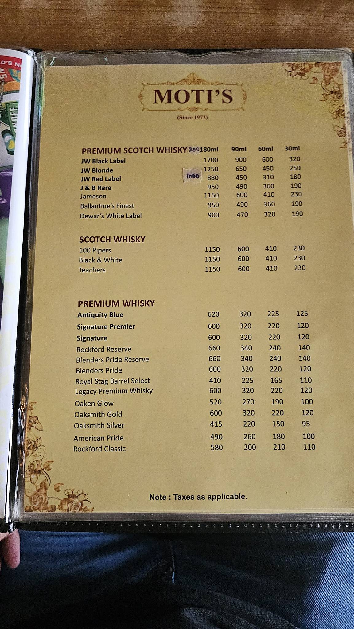Moti's menu