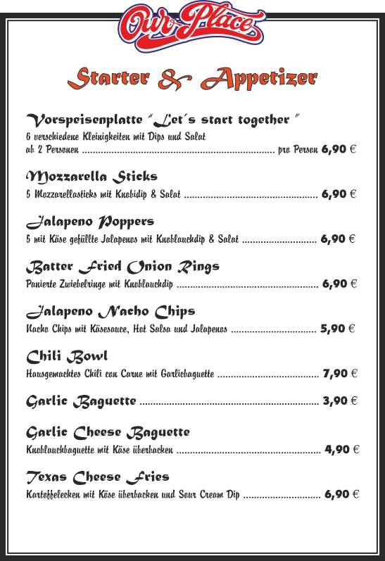 Menu at Our Place Barbecue Cocktailhouse Furth