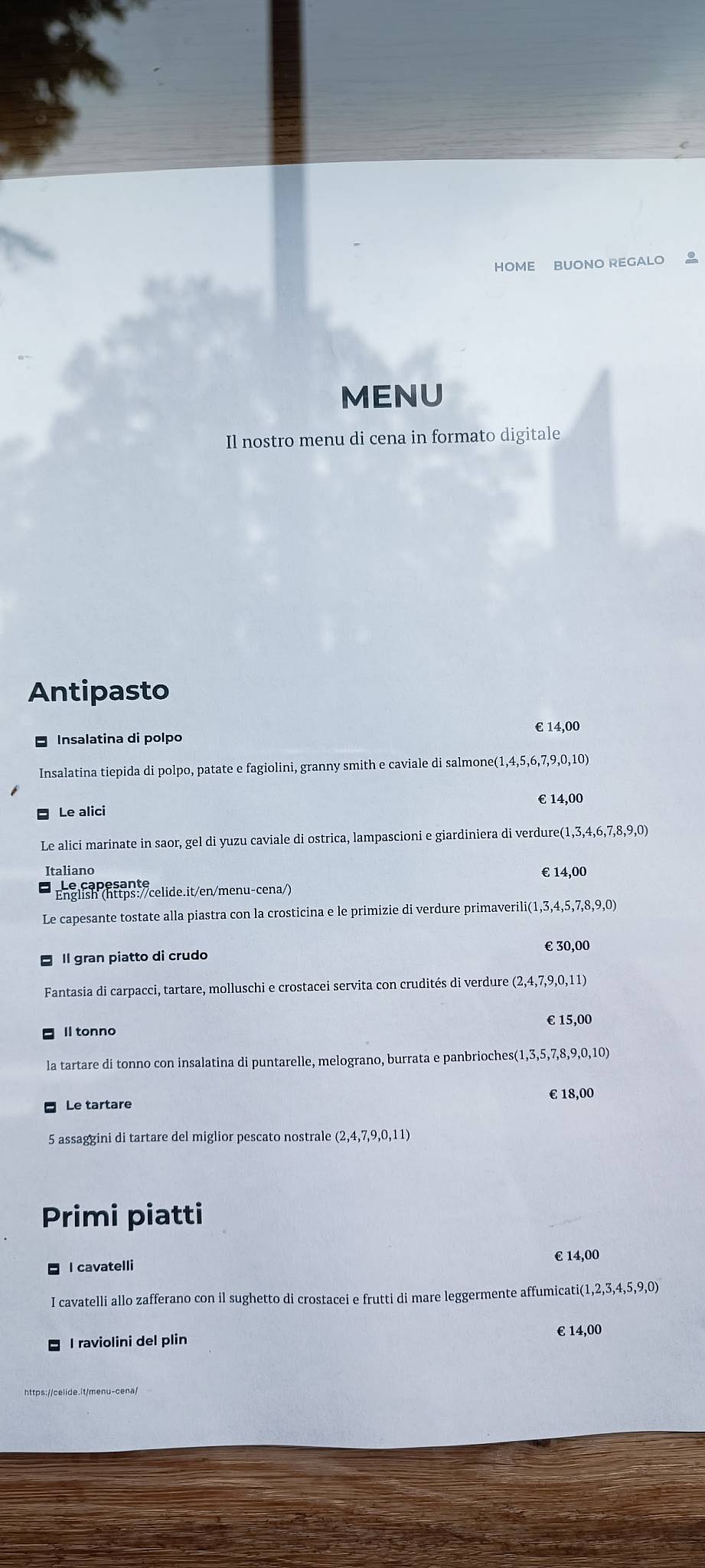 Menu de Ristorante Celide