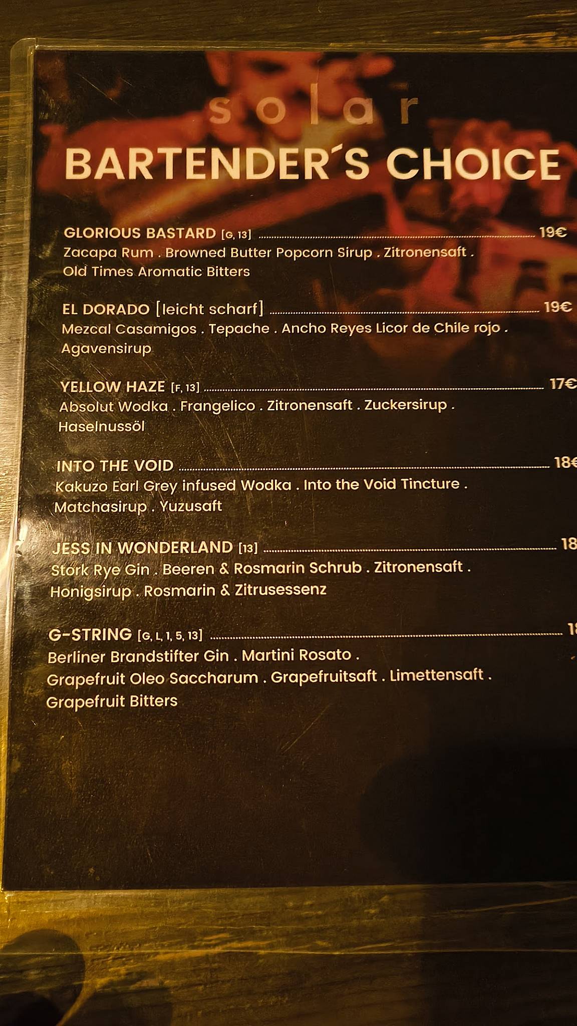 Menu de SOLAR Sky-Bar Restaurant Lounge