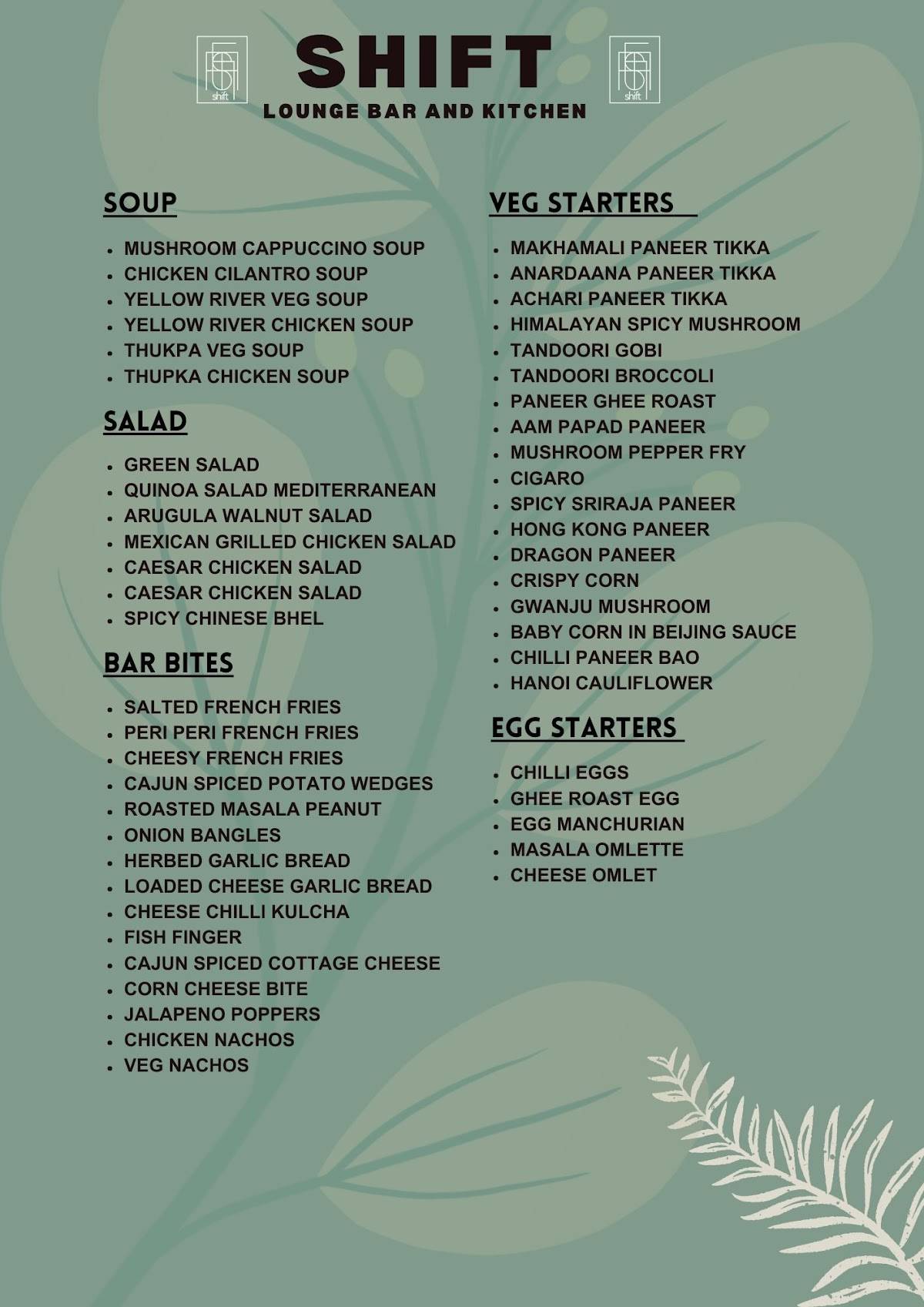 Shift Lounge, Marathahalli menu