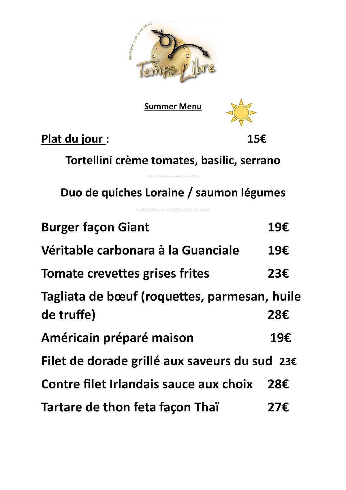 Menu de Temps Libre - Brasserie