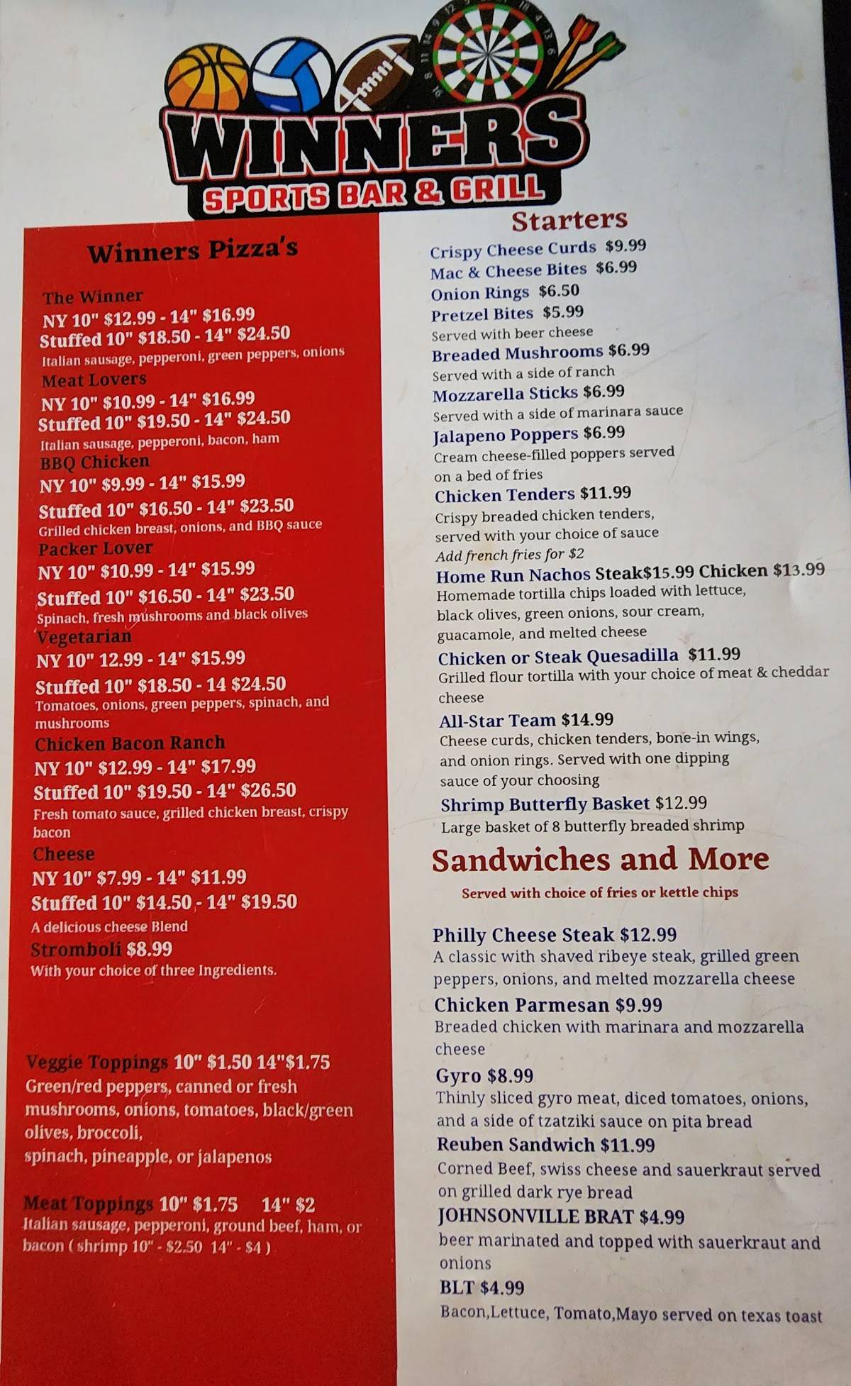 Menu at Winners Sports Bar and Grill, Oshkosh