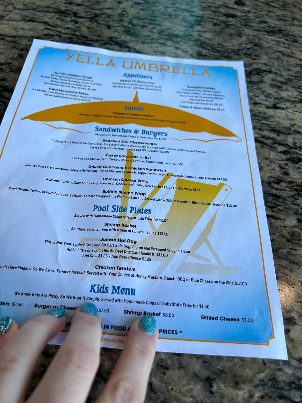 Menu at Yella Umbrella pub & bar, Myrtle Beach