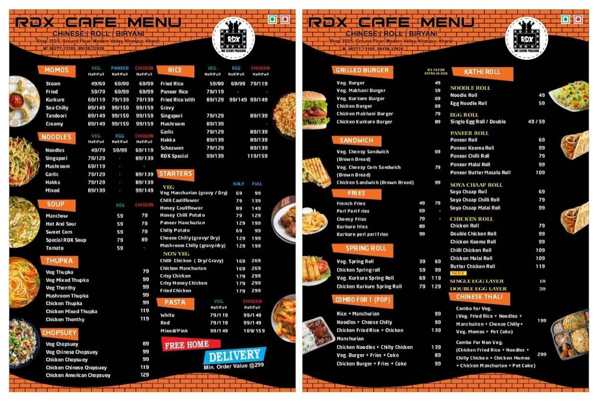 RDX Chinese Cafe menu