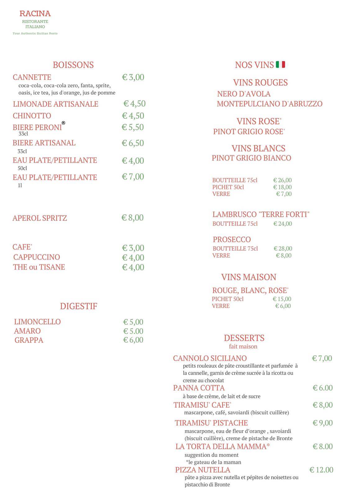Menu de Racina