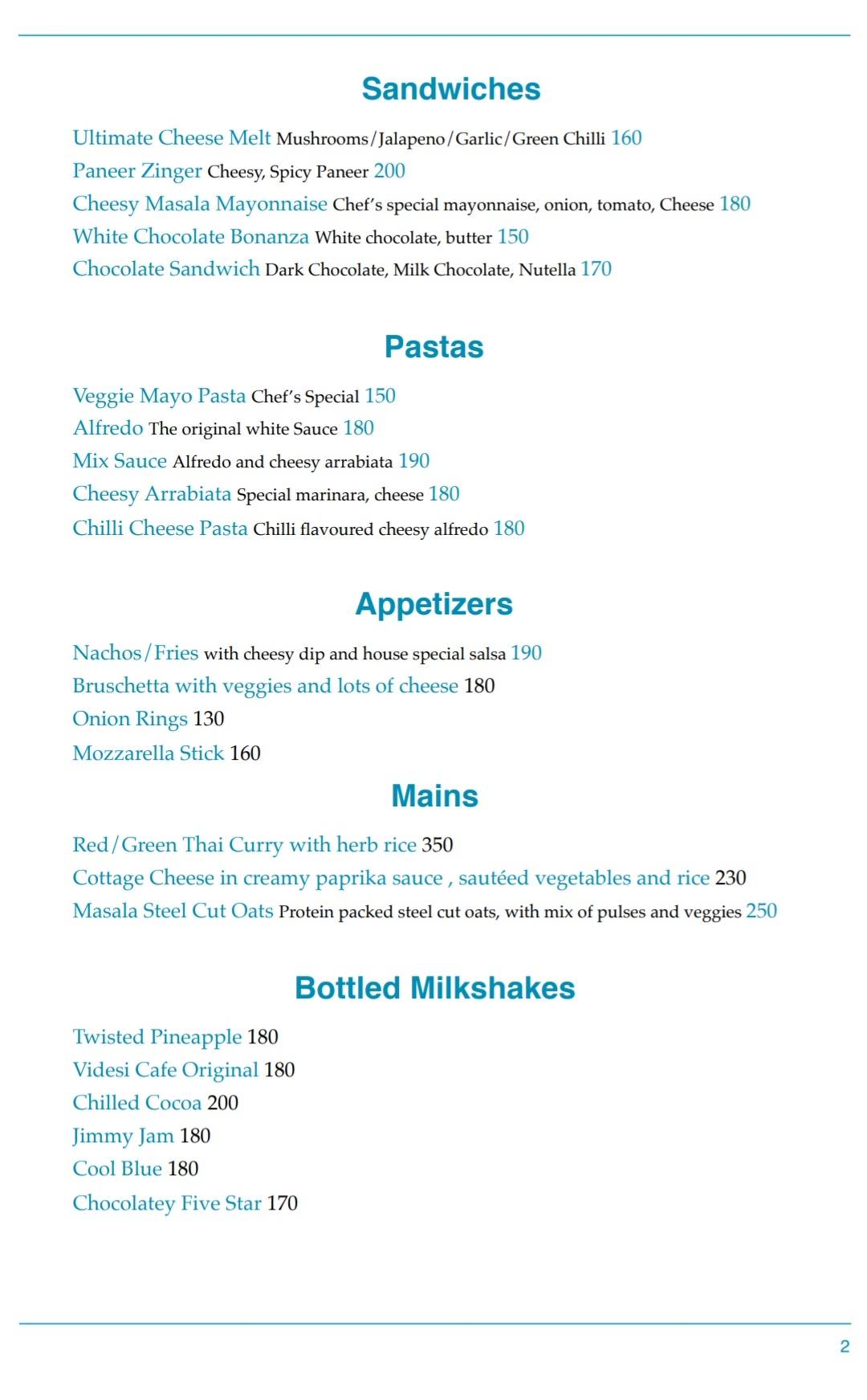 Videsi Cafe menu