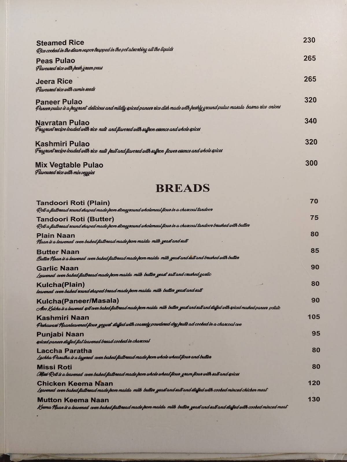Raj Rasoi menu