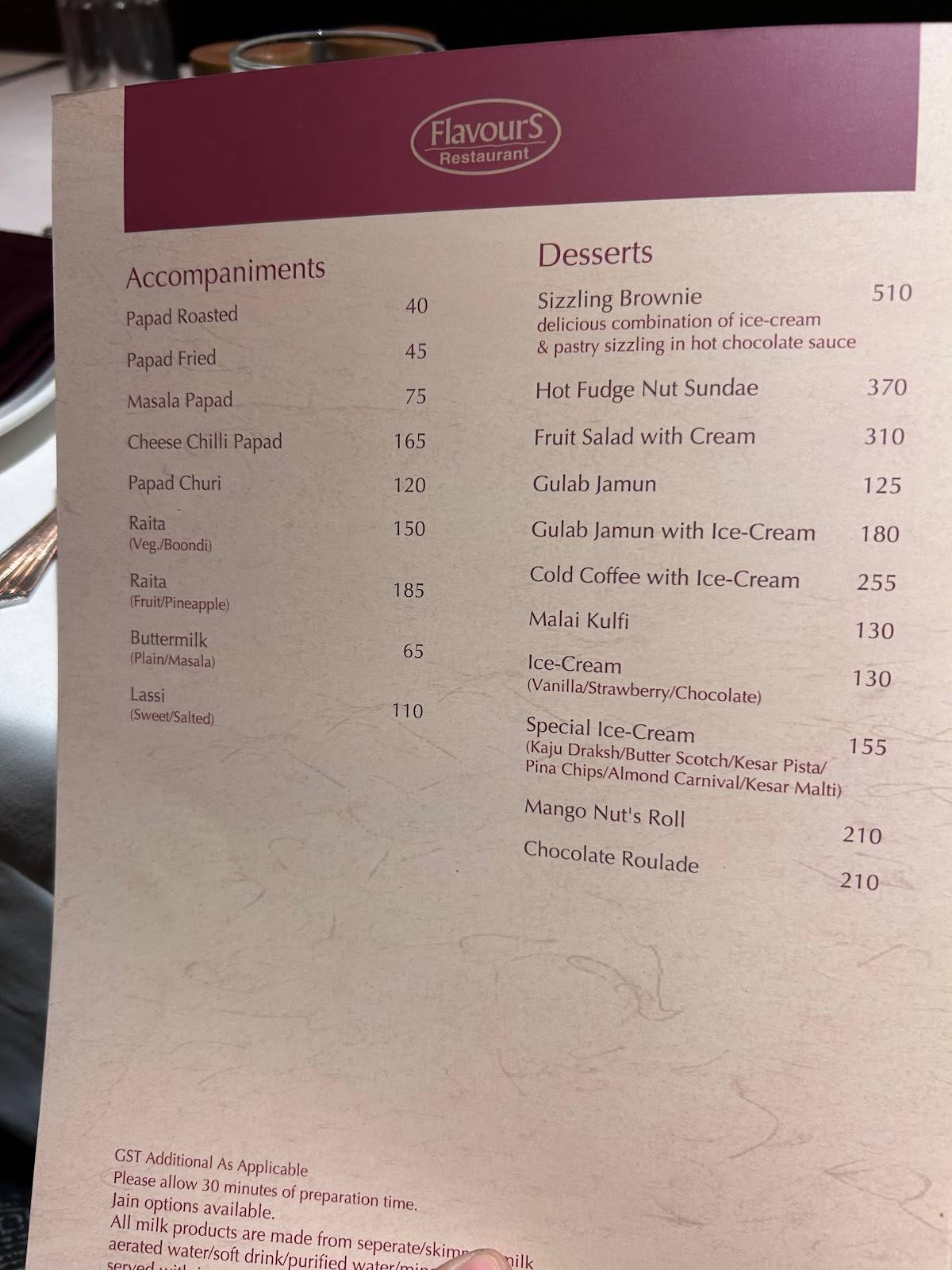 Flavours Restaurant menu