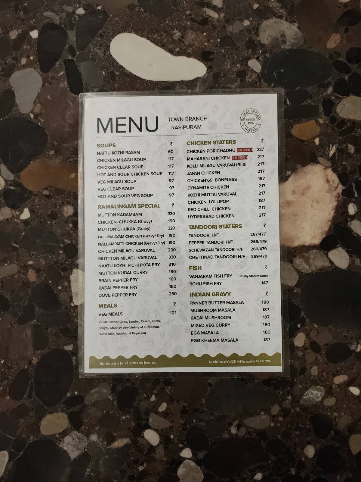 RAMALINGAM HOTEL-SINCE 1936(RASIPURAM) menu