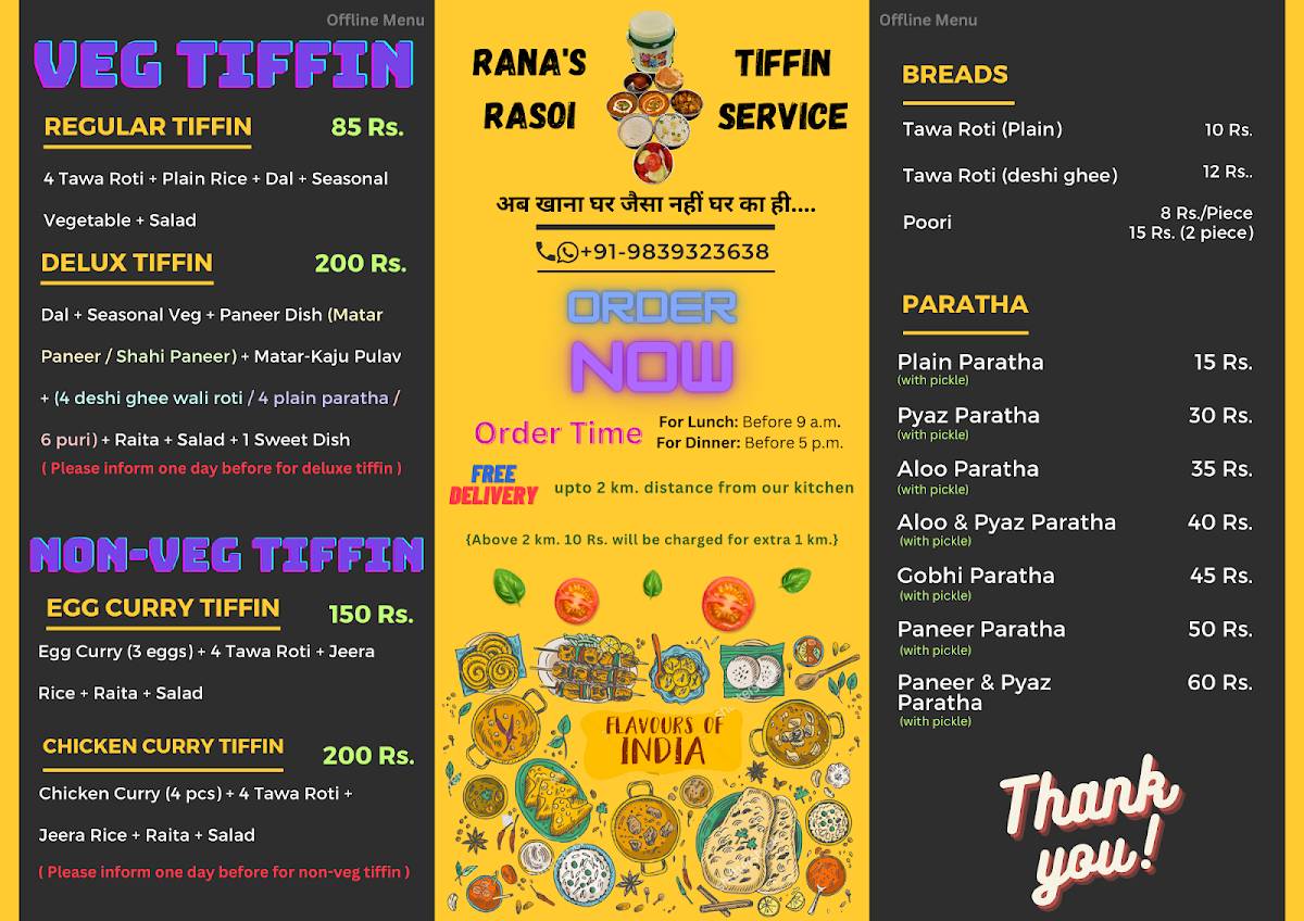 Rana's Rasoi Tiffin Service & Cloud Kitchen menu