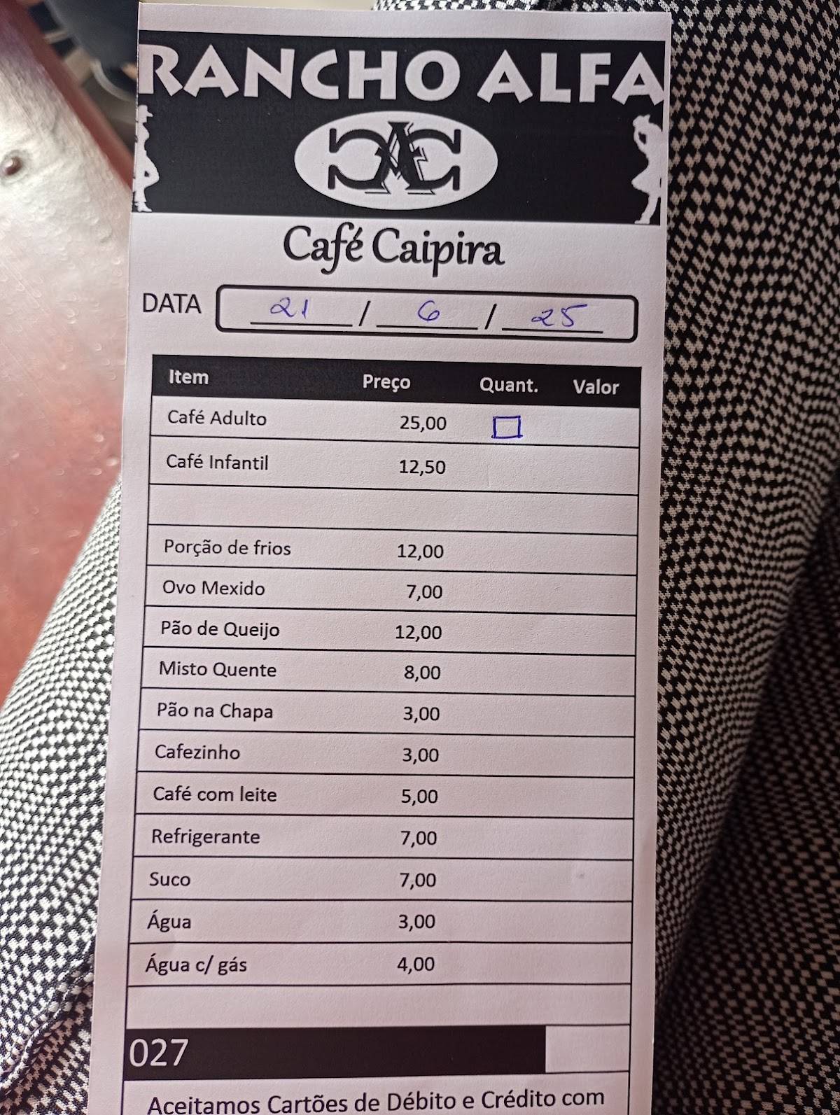 Rancho Alfa Café Caipira cardápio