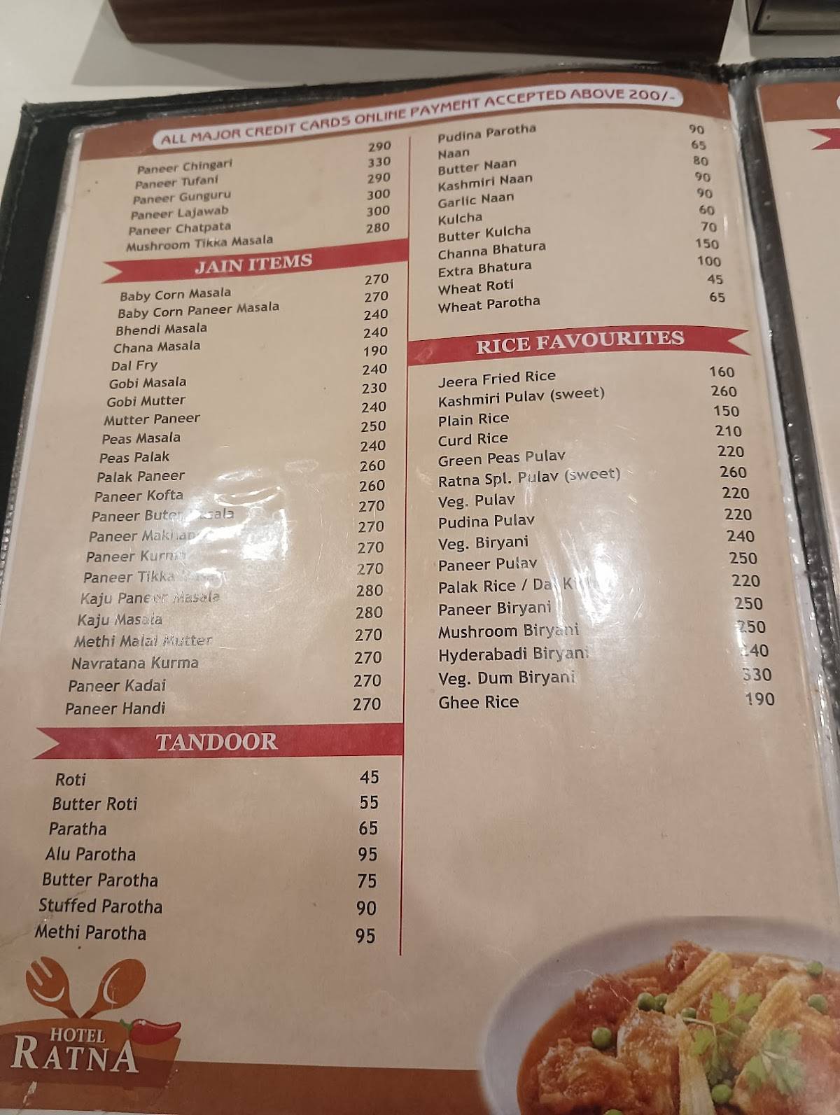 Ratna Hotel menu